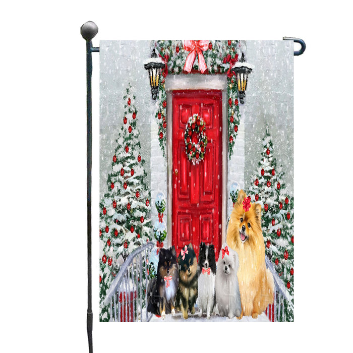 Christmas Holiday Welcome Pomeranian Dogs Garden Flags- Outdoor Double Sided Garden Yard Porch Lawn Spring Decorative Vertical Home Flags 12 1/2"w x 18"h