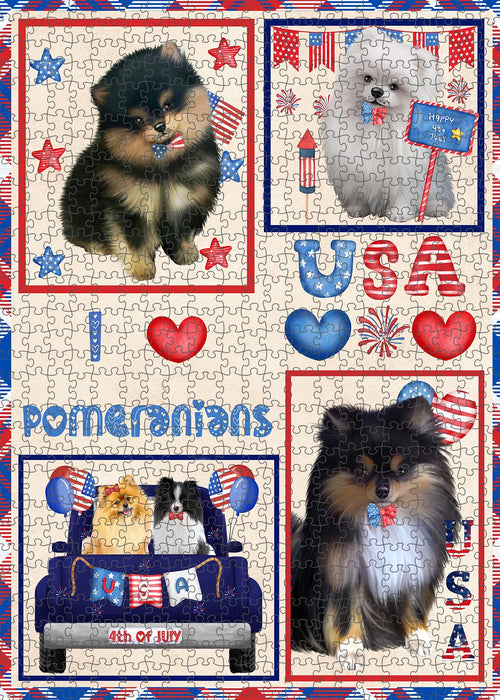 4th of July Independence Day I Love USA Pomeranian Dogs Portrait Jigsaw Puzzle for Adults Animal Interlocking Puzzle Game Unique Gift for Dog Lover's with Metal Tin Box