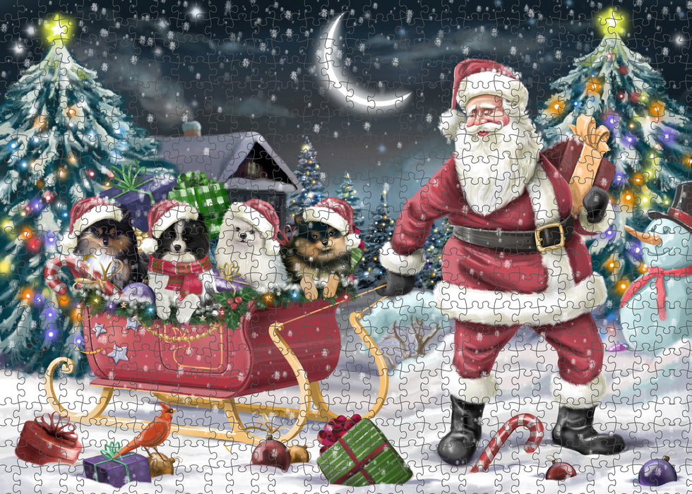 Christmas Santa Sled Pomeranian Dogs Portrait Jigsaw Puzzle for Adults Animal Interlocking Puzzle Game Unique Gift for Dog Lover's with Metal Tin Box