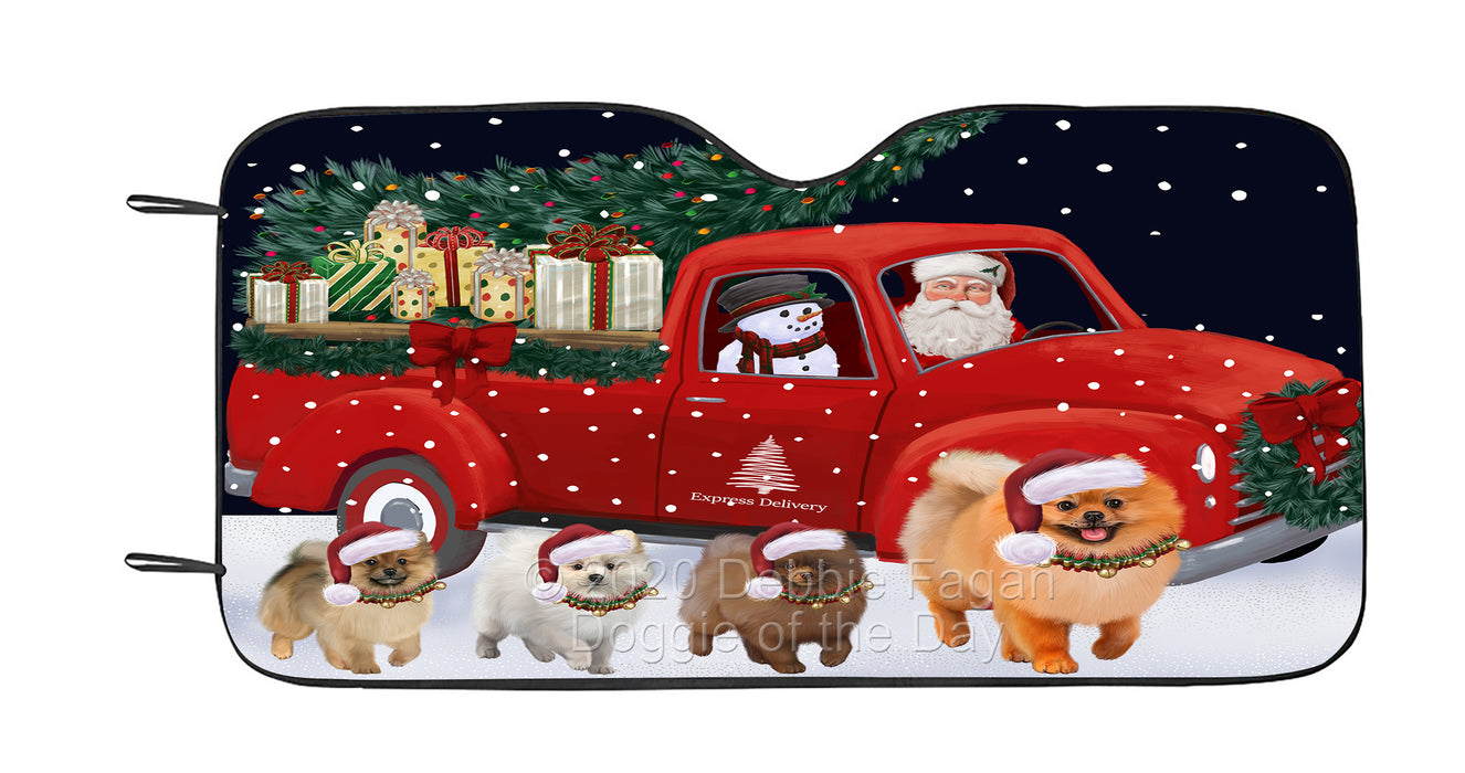 Christmas Express Delivery Red Truck Running Pomeranian Dog Car Sun Shade Cover Curtain