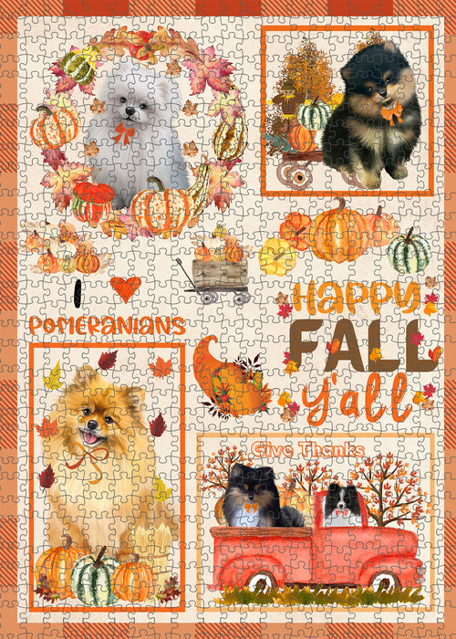 Happy Fall Y'all Pumpkin Pomeranian Dogs Portrait Jigsaw Puzzle for Adults Animal Interlocking Puzzle Game Unique Gift for Dog Lover's with Metal Tin Box