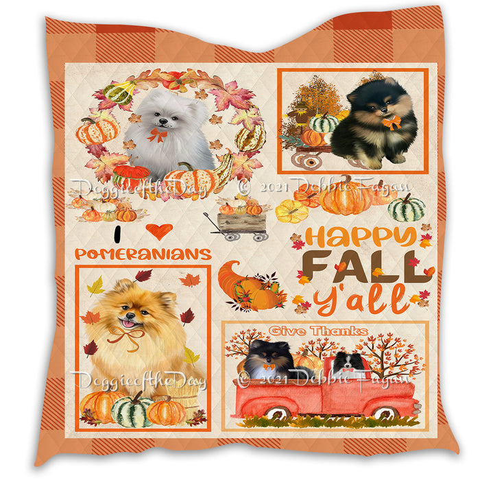 Happy Fall Y'all Pumpkin Pomeranian Dogs Quilt Bed Coverlet Bedspread - Pets Comforter Unique One-side Animal Printing - Soft Lightweight Durable Washable Polyester Quilt
