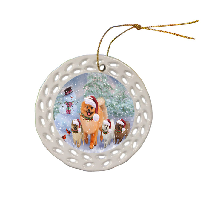 Christmas Running Family Pomeranian Dogs Ceramic Doily Ornament DPOR57421