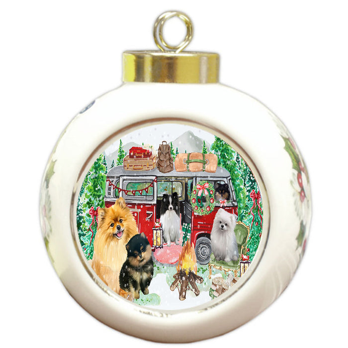 Christmas Time Camping with Pomeranian Dogs Round Ball Christmas Ornament Pet Decorative Hanging Ornaments for Christmas X-mas Tree Decorations - 3" Round Ceramic Ornament
