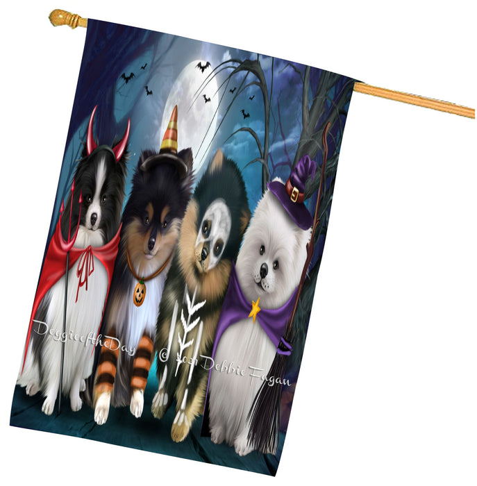 Halloween Trick or Treat Pomeranian Dogs House Flag Outdoor Decorative Double Sided Pet Portrait Weather Resistant Premium Quality Animal Printed Home Decorative Flags 100% Polyester