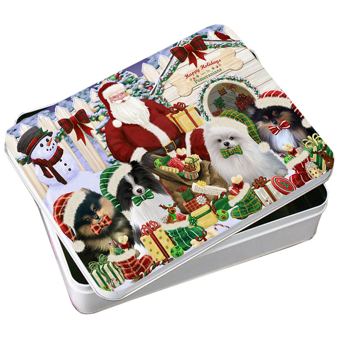 Happy Holidays Christmas Pomeranians Dog House Gathering Photo Storage Tin PITN52142