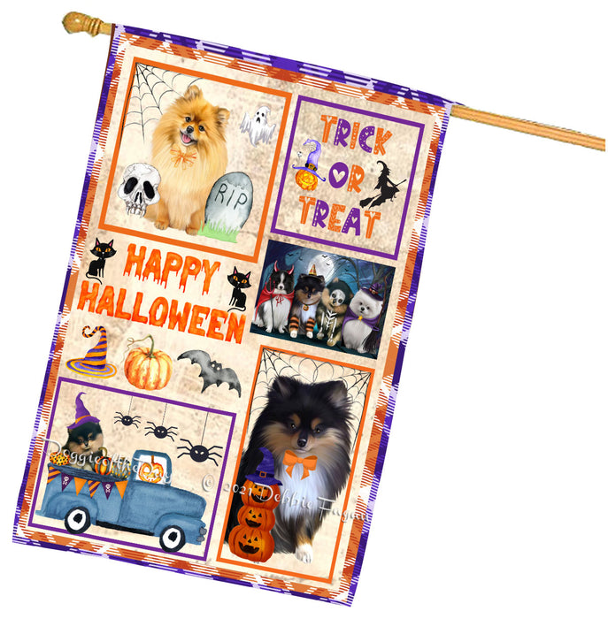 Happy Halloween Trick or Treat Pomeranian Dogs House Flag Outdoor Decorative Double Sided Pet Portrait Weather Resistant Premium Quality Animal Printed Home Decorative Flags 100% Polyester