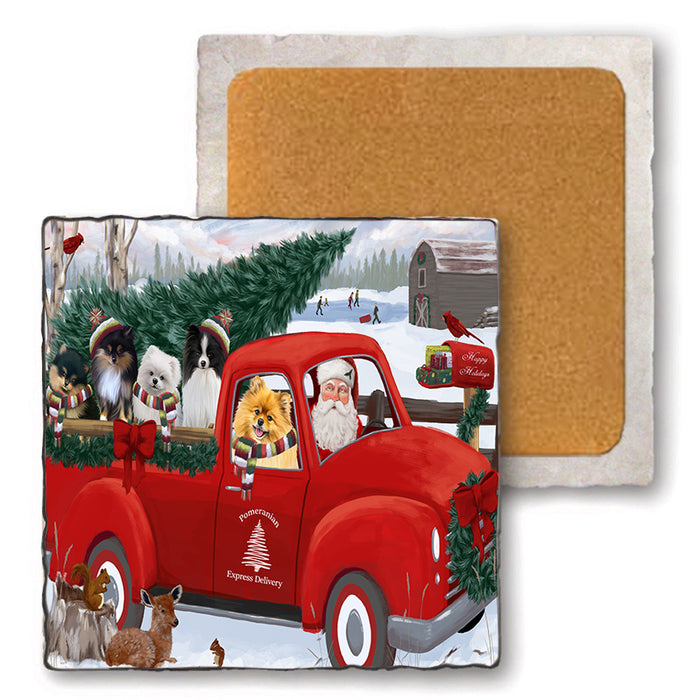Christmas Santa Express Delivery Pomeranians Dog Family Set of 4 Natural Stone Marble Tile Coasters MCST50055