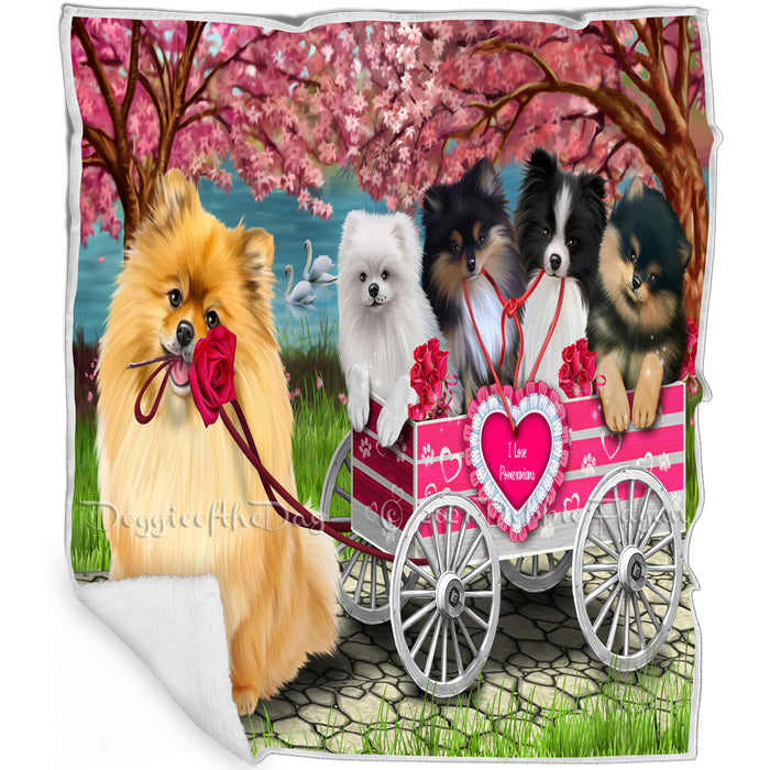 I Love Pomeranian Dogs in a Cart Art Portrait Print Woven Throw Sherpa Plush Fleece Blanket