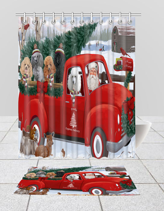 Christmas Santa Express Delivery Red Truck Poodle Dogs Bath Mat and Shower Curtain Combo
