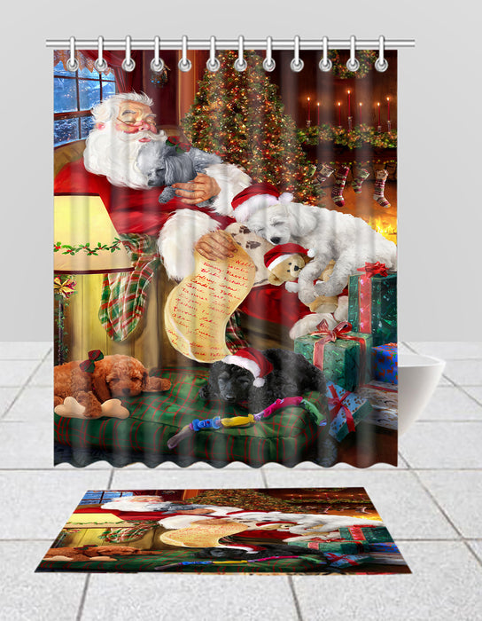 Santa Sleeping with Poodle Dogs  Bath Mat and Shower Curtain Combo