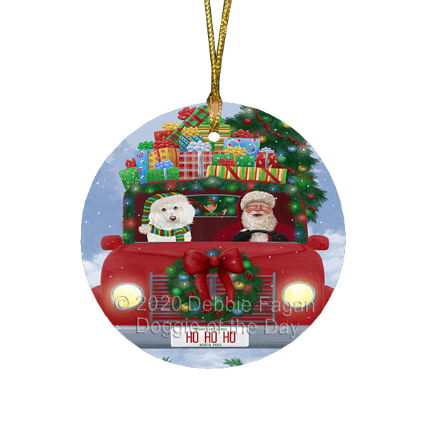Christmas Honk Honk Red Truck Here Comes with Santa and Poodle Dog Round Flat Christmas Ornament RFPOR57857