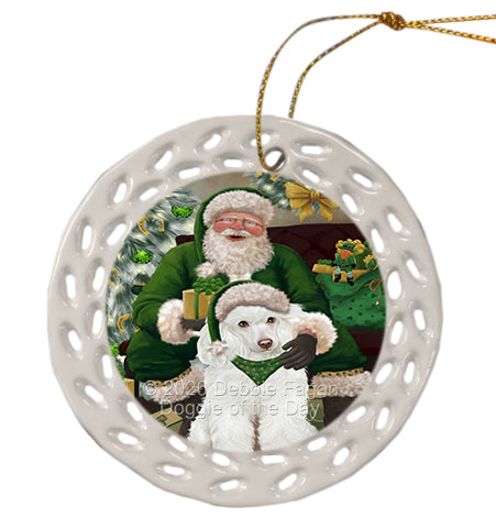 Christmas Irish Santa with Gift and Poodle Dog Doily Ornament DPOR59516