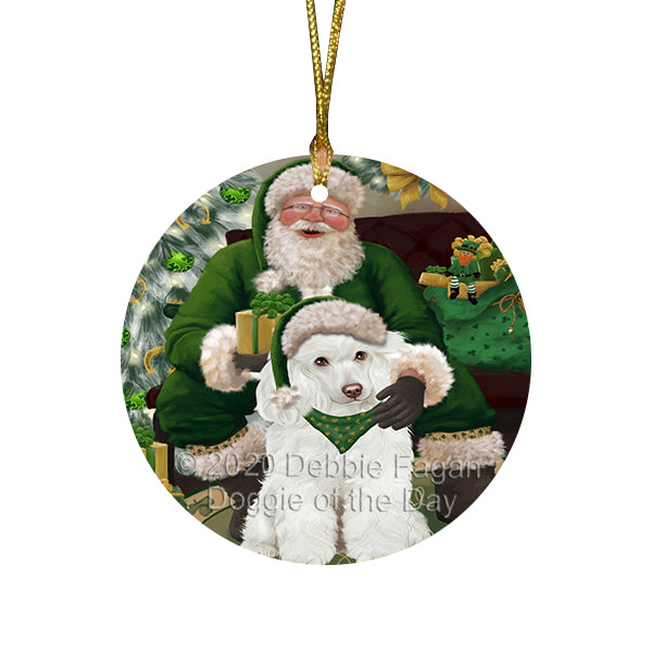 Christmas Irish Santa with Gift and Pitbull Dog Round Flat Christmas Ornament RFPOR57952
