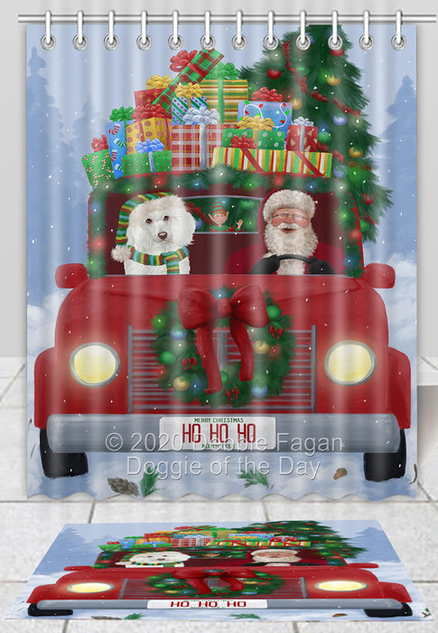 Christmas Honk Honk Red Truck Here Comes with Santa and Poodle Dog Bath Mat and Shower Curtain Combo