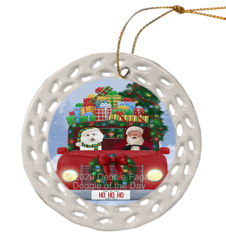 Christmas Honk Honk Red Truck with Santa and Poodle Dog Doily Ornament DPOR59376