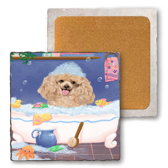 Rub A Dub Dog In A Tub Poodle Dog Set of 4 Natural Stone Marble Tile Coasters MCST52420