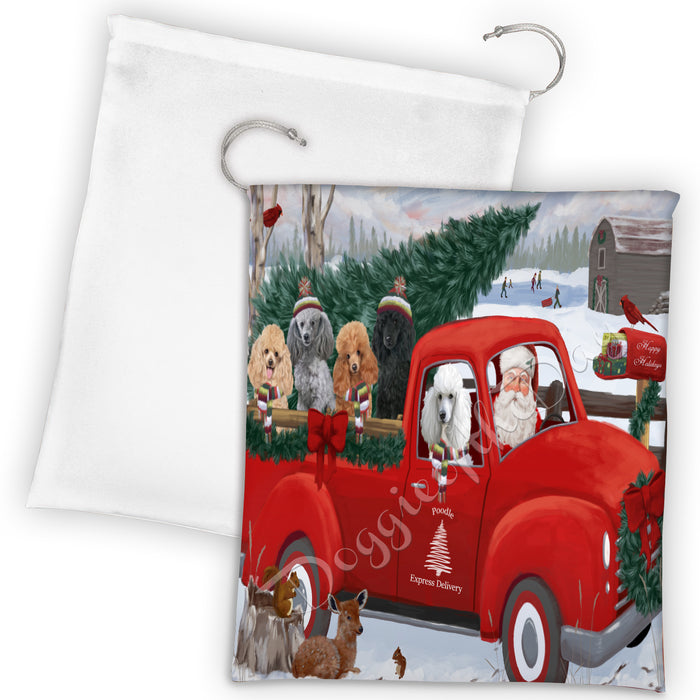 Christmas Santa Express Delivery Red Truck Poodle Dogs Drawstring Laundry or Gift Bag LGB48329