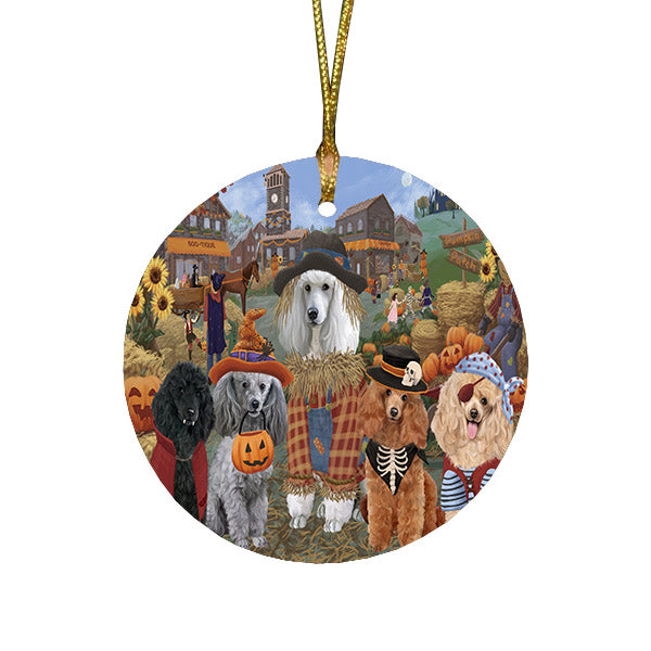 Halloween 'Round Town And Fall Pumpkin Scarecrow Both Poodle Dogs Round Flat Christmas Ornament RFPOR57595