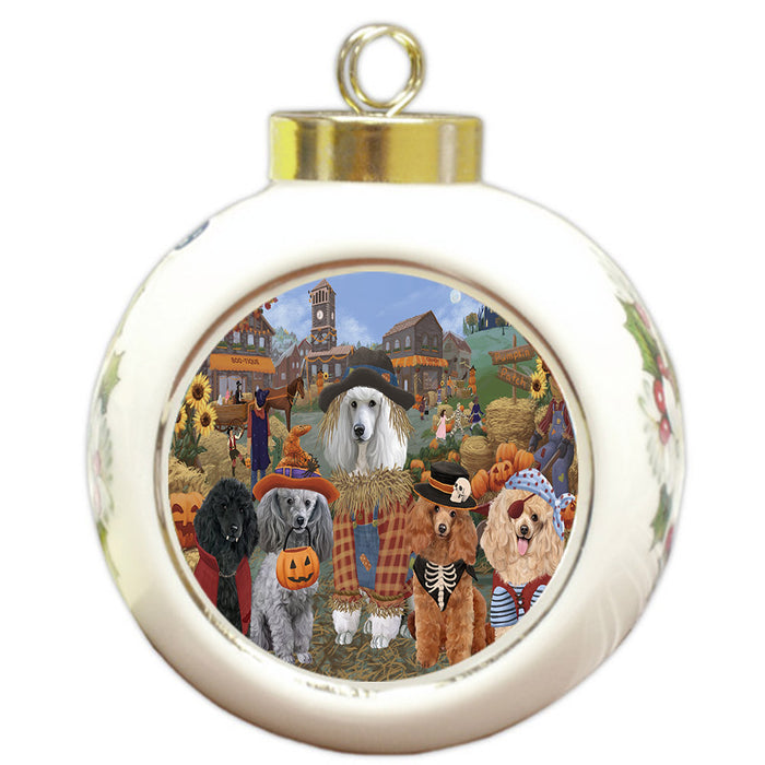 Halloween 'Round Town And Fall Pumpkin Scarecrow Both Poodle Dogs Round Ball Christmas Ornament RBPOR57595