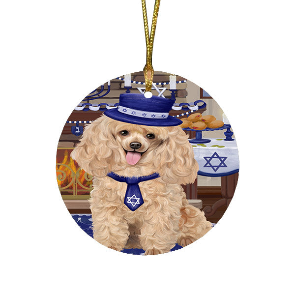 Happy Hanukkah Family and Happy Hanukkah Both Poodle Dog Round Flat Christmas Ornament RFPOR57686