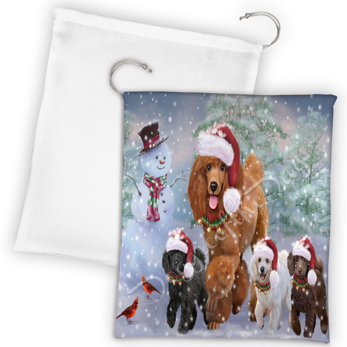 Christmas Running Fammily Poodle Dogs Drawstring Laundry or Gift Bag LGB48243