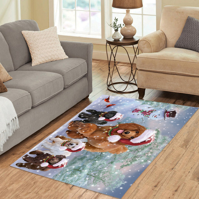 Christmas Running Fammily Poodle Dogs Area Rug