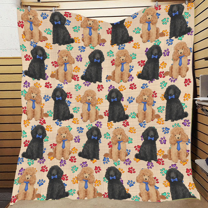 Rainbow Paw Print Poodle Dogs Blue Quilt