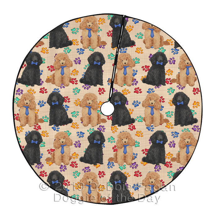Rainbow Paw Print Poodle Dogs Blue Christmas Tree Skirt