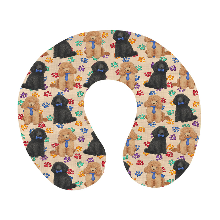 Rainbow Paw Print Poodle Dogs Blue U-Shape Travel Pillow