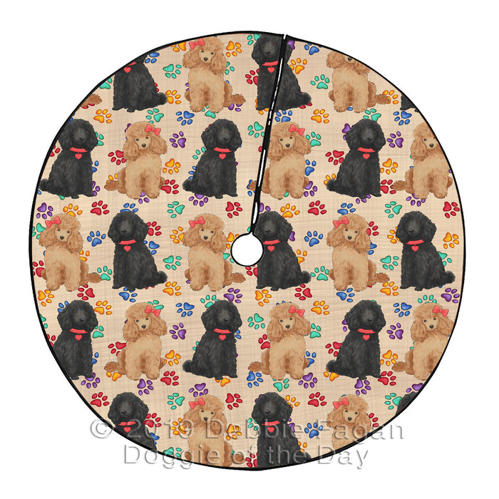 Rainbow Paw Print Poodle Dogs Red Christmas Tree Skirt