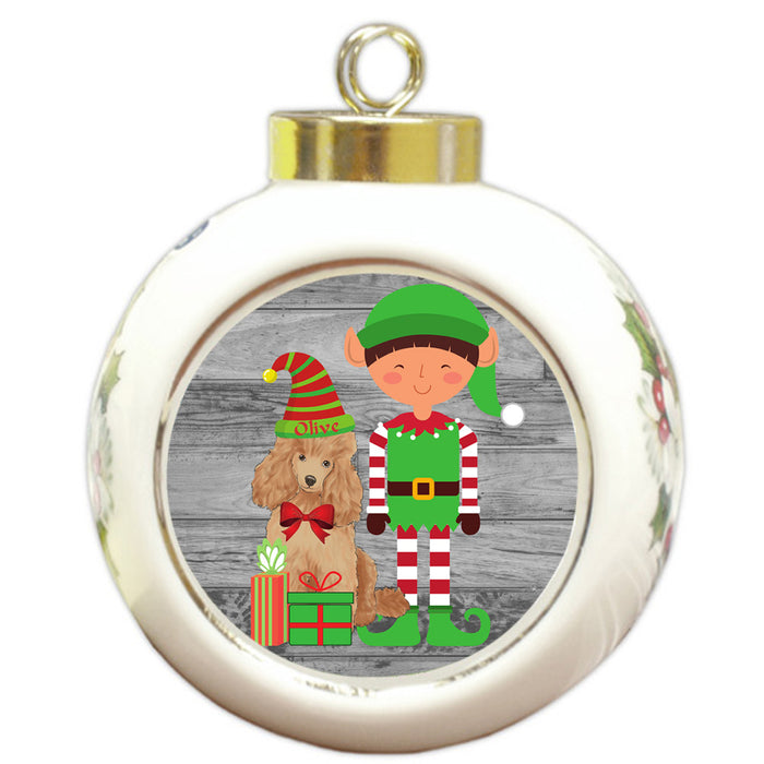 Custom Personalized Poodle Dog Elfie and Presents Christmas Round Ball Ornament