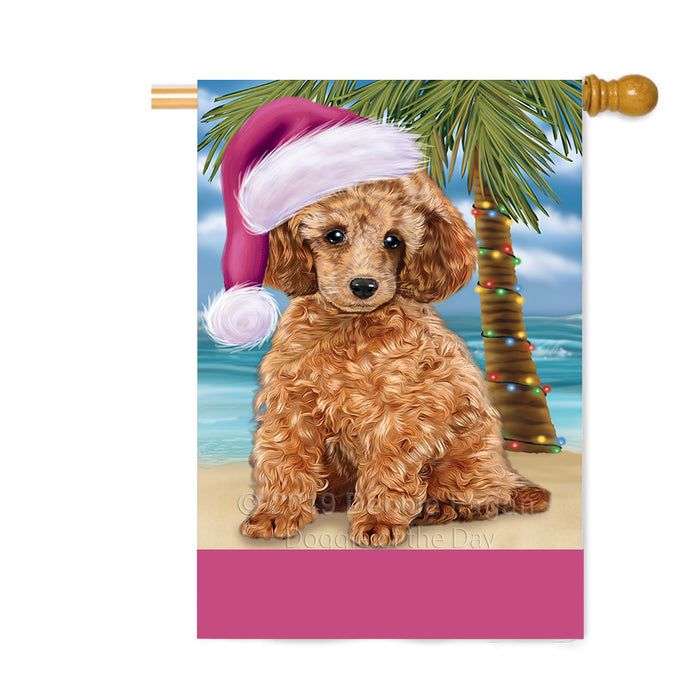 Personalized Summertime Happy Holidays Christmas Poodle Dog on Tropical Island Beach Custom House Flag FLG-DOTD-A60566