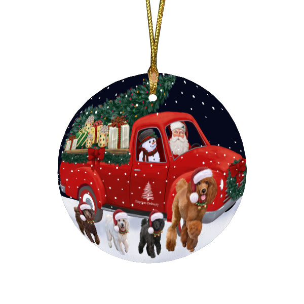 Christmas Express Delivery Red Truck Running Poodle Dogs Round Flat Christmas Ornament RFPOR57769