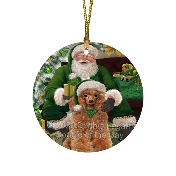 Christmas Irish Santa with Gift and Pitbull Dog Round Flat Christmas Ornament RFPOR57953