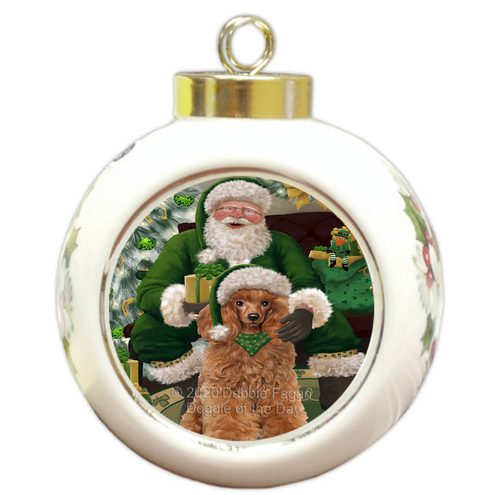 Christmas Irish Santa with Gift and Poodle Dog Round Ball Christmas Ornament RBPOR57955
