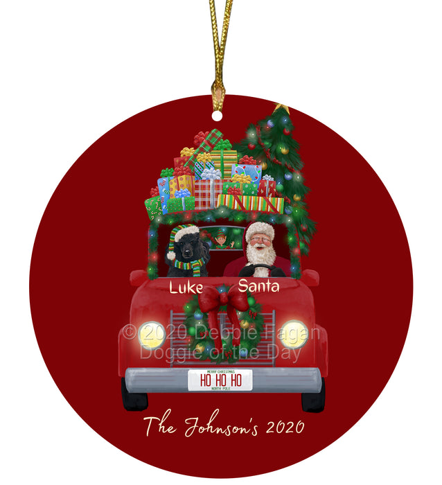 Personalized Christmas Honk Honk Red Truck Here Comes with Santa and Poodle Dog Round Flat Ornament PRBPOR59107
