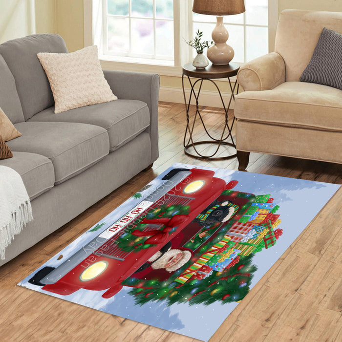 Christmas Honk Honk Red Truck Here Comes with Santa and Poodle Dog Polyester Area Rug ARUG63674