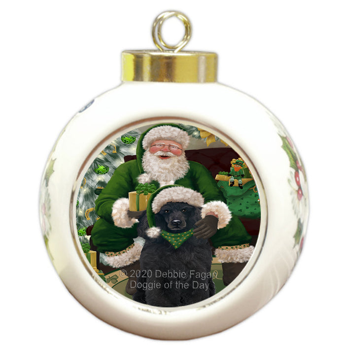 Christmas Irish Santa with Gift and Poodle Dog Round Ball Christmas Ornament RBPOR57956