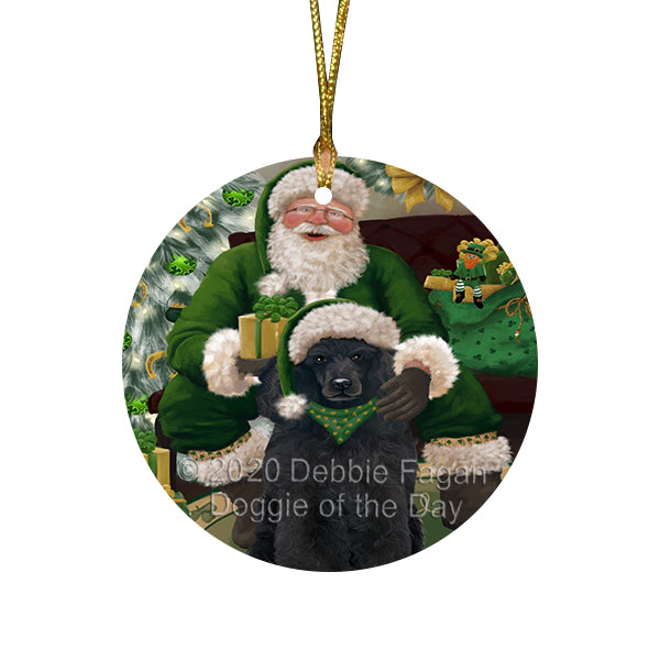 Christmas Irish Santa with Gift and Poodle Dog Round Flat Christmas Ornament RFPOR57954
