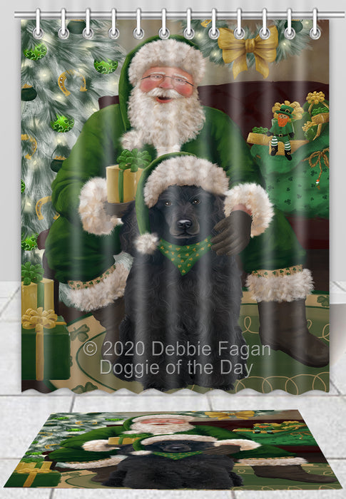 Christmas Irish Santa with Gift Poodle Dog Bath Mat and Shower Curtain Combo