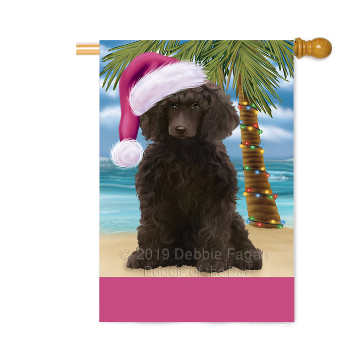Personalized Summertime Happy Holidays Christmas Poodle Dog on Tropical Island Beach Custom House Flag FLG-DOTD-A60569