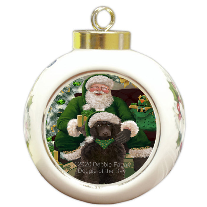 Christmas Irish Santa with Gift and Poodle Dog Round Ball Christmas Ornament RBPOR57957