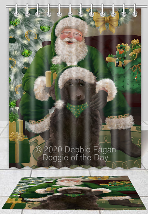 Christmas Irish Santa with Gift Poodle Dog Bath Mat and Shower Curtain Combo