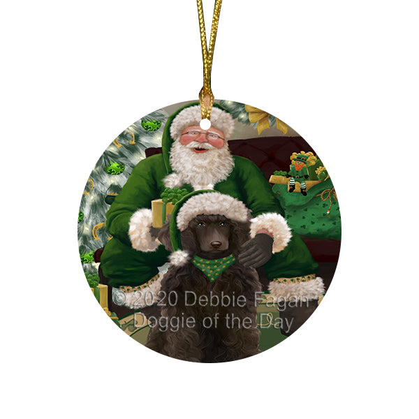 Christmas Irish Santa with Gift and Poodle Dog Round Flat Christmas Ornament RFPOR57955