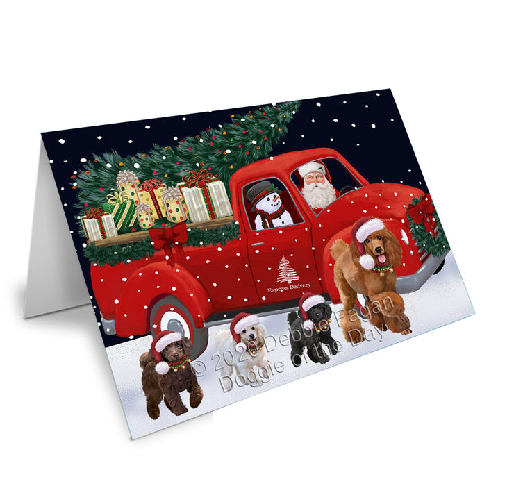 Christmas Express Delivery Red Truck Running Poodle Dogs Handmade Artwork Assorted Pets Greeting Cards and Note Cards with Envelopes for All Occasions and Holiday Seasons GCD75197