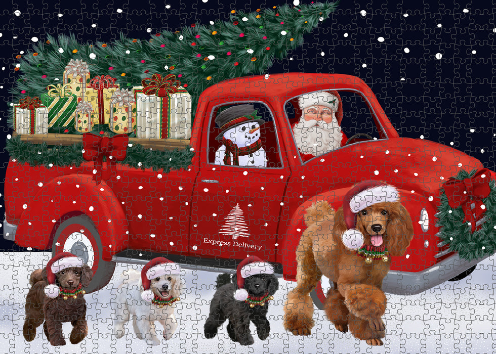 Christmas Express Delivery Red Truck Running Poodle Dogs Puzzle with Photo Tin PUZL99776