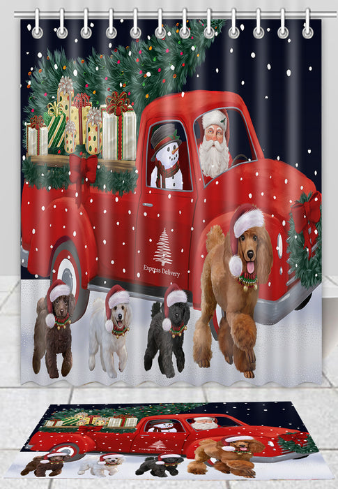 Christmas Express Delivery Red Truck Running Poodle Dogs Bath Mat and Shower Curtain Combo
