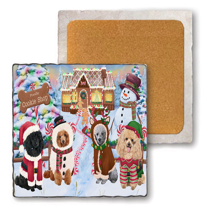 Holiday Gingerbread Cookie Shop Poodles Dog Set of 4 Natural Stone Marble Tile Coasters MCST51511