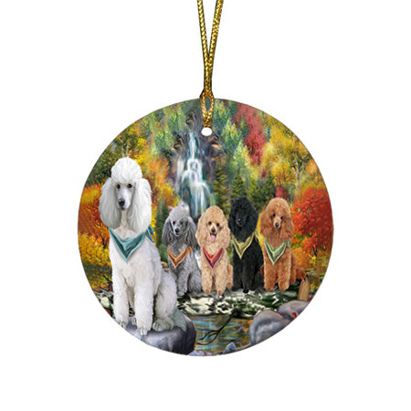 Scenic Waterfall Poodles Dog Round Flat Christmas Ornament RFPOR49501